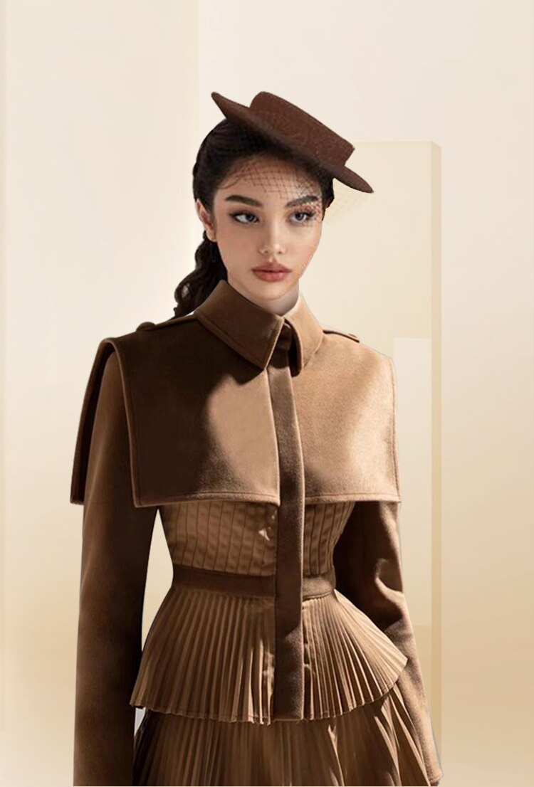 Tailor Shop Pleated Top Skirt Outfit Brown Wool Cashmere Suit Dresses for Formal Occasion Fall Winter Outfit Formal Occasion Fall Winter Outfits Pleated Dress for Women Pleated Dress for Women Plus Size