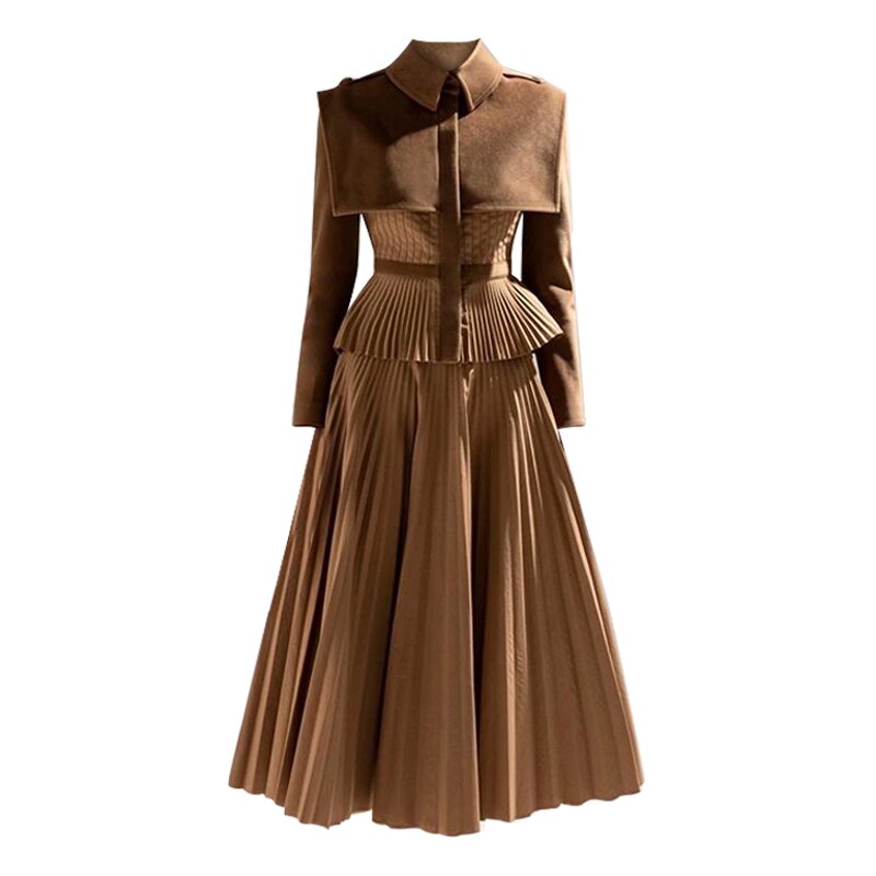 Tailor Shop Pleated Top Skirt Outfit Brown Wool Cashmere Suit Dresses for Formal Occasion Fall Winter Outfit Formal Occasion Fall Winter Outfits Pleated Dress for Women Pleated Dress for Women Plus Size