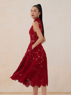 Tailor Shop Red Chrysanthemum Lace Dress Female Light Luxury Dress Semi-Formal Dresses Princess Dress