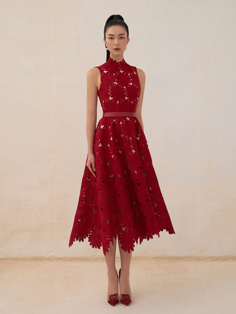 Tailor Shop Red Chrysanthemum Lace Dress Female Light Luxury Dress Semi-Formal Dresses Princess Dress