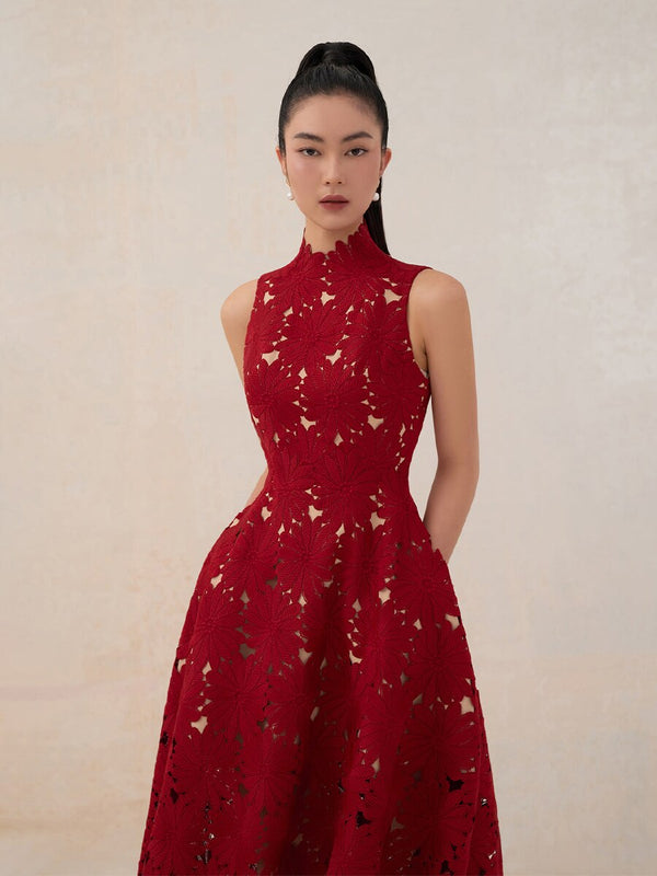 Tailor Shop Red Chrysanthemum Lace Dress Female Light Luxury Dress Semi-Formal Dresses Princess Dress