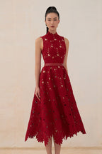 Tailor Shop Red Chrysanthemum Lace Dress Female Light Luxury Dress Semi-Formal Dresses Princess Dress