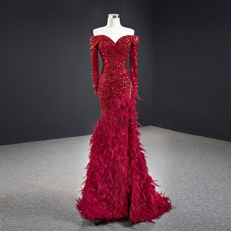 wedding bridal dress red toast clothing high-end temperament host art test performance clothing red sequins feather dress