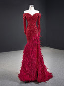 wedding bridal dress red toast clothing high-end temperament host art test performance clothing red sequins feather dress