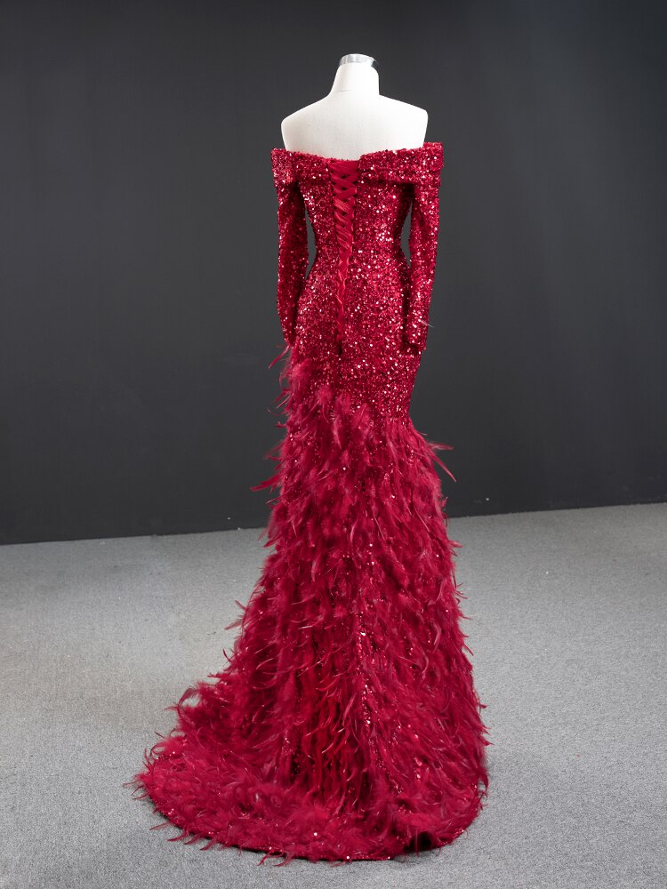 wedding bridal dress red toast clothing high-end temperament host art test performance clothing red sequins feather dress